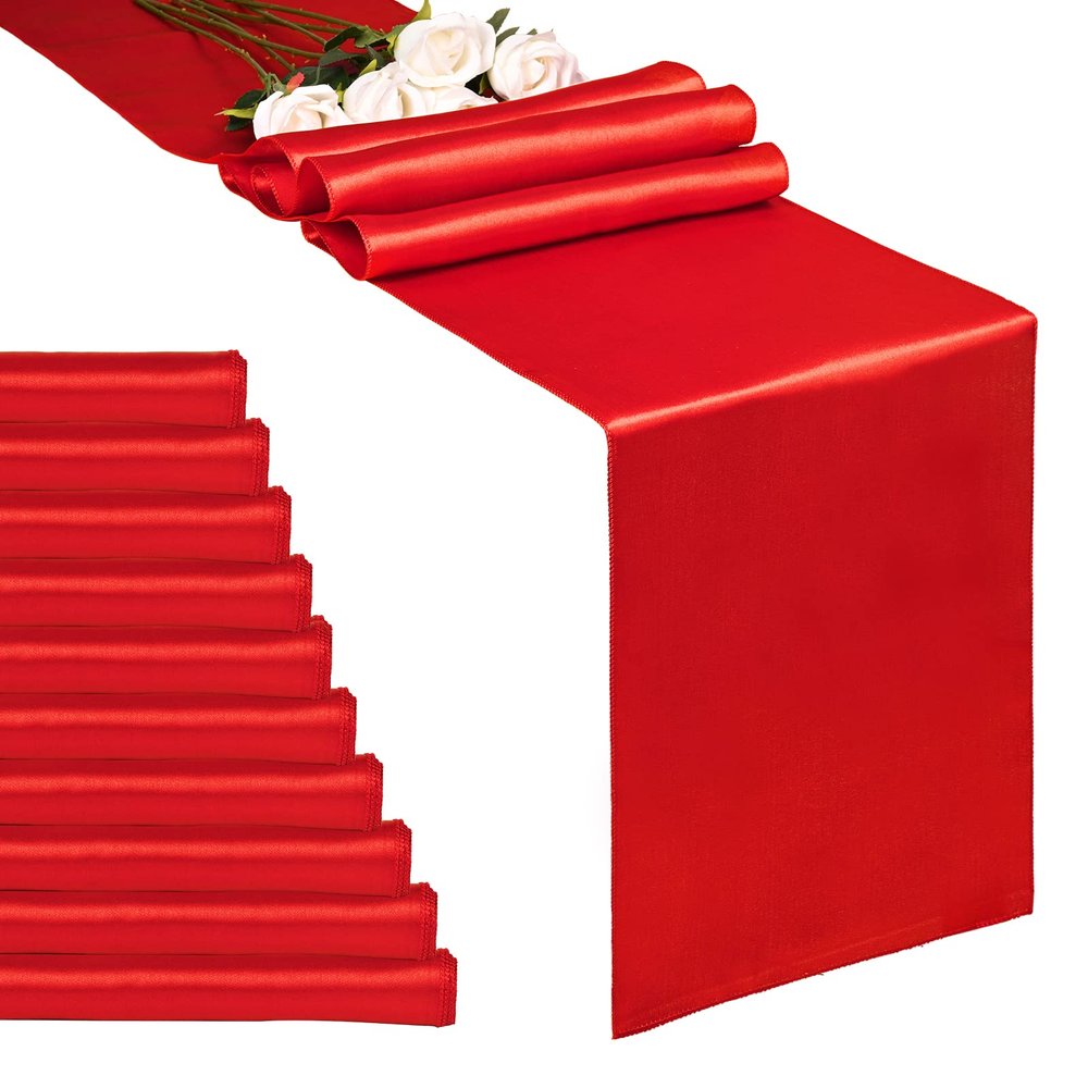 10-Pack Red 12 x 108 inches Long Premium Satin Table Runner for Wedding, Decorations for Birthday Parties, Banquets, Graduations, Engagements, Table Runners fit Rectange and Round Table
