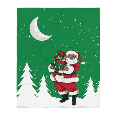 African American Santa Throw Blanket - Green Background/Snow Covered Trees