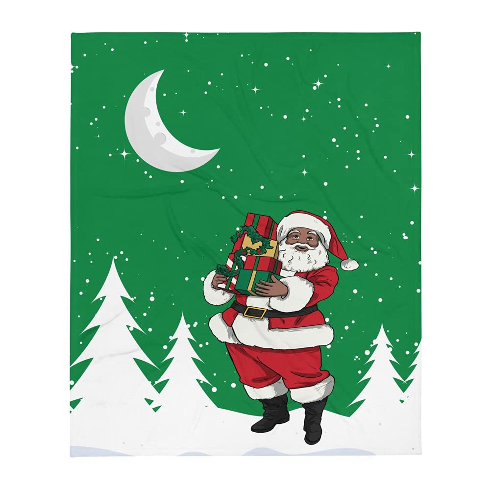 African American Santa Throw Blanket - Green Background/Snow Covered Trees