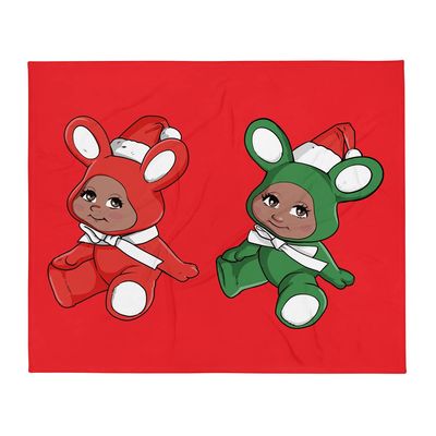 African American Christmas Santa Bunnies Throw Blanket - Red Background