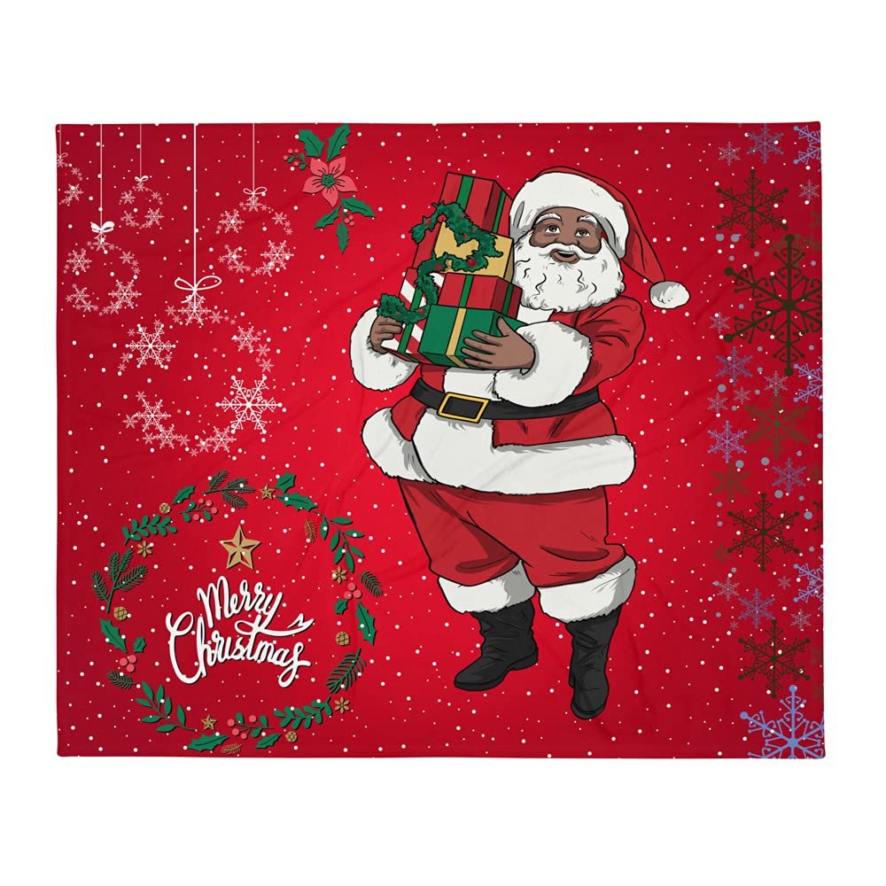 African American Santa Holding Gifts Throw Blanket - Red Background White