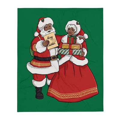African American Mr & Mrs. Santa Claus Throw Blanket - Green Background