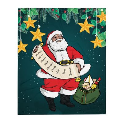 African American Santa Reviewing List - Green Background Throw Blanket