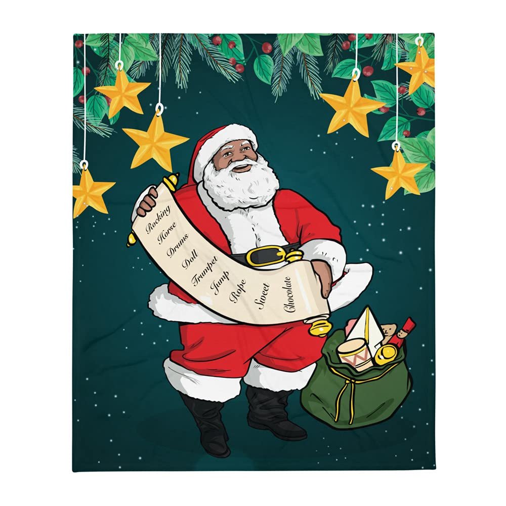 African American Santa Reviewing List - Green Background Throw Blanket