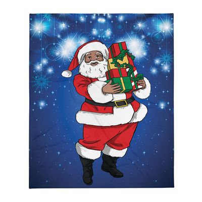 African American Santa Holding Gifts -Blue Background Throw Blanket