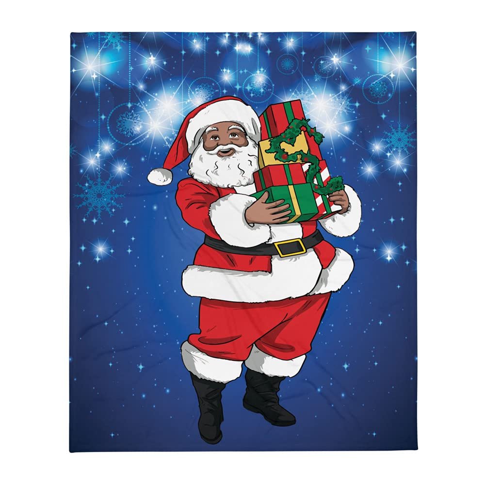 African American Santa Holding Gifts -Blue Background Throw Blanket