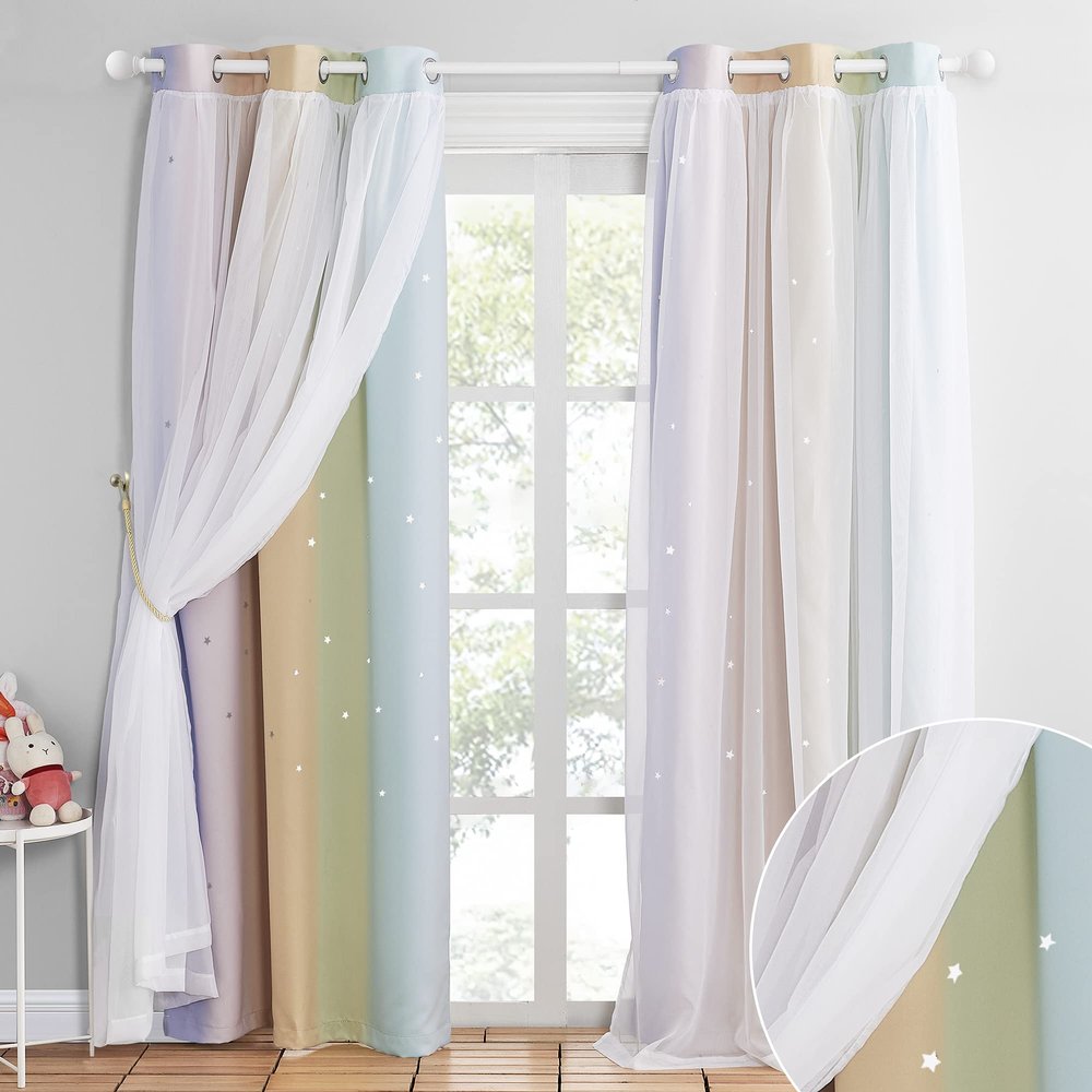 NICETOWN Kids Curtains for Nursery, Star Hollow-Out Rainbow Curtains for Girls Bedroom, Double-Layer Colorful Striped Layered Window Curtain for Thanksgiving, 42W x 84L Inches, Set of 2
