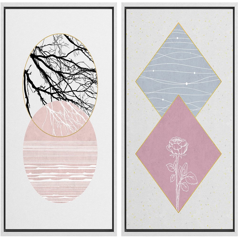 IDEA4WALL Framed Wall Art Print Set Floral Line Art & Silhouettes in Pink & Blue Pastel Polygons Nature Wilderness Mixed Minimalism Bohemian for Living Room, Bedroom, Office - 16"x24"x2 White