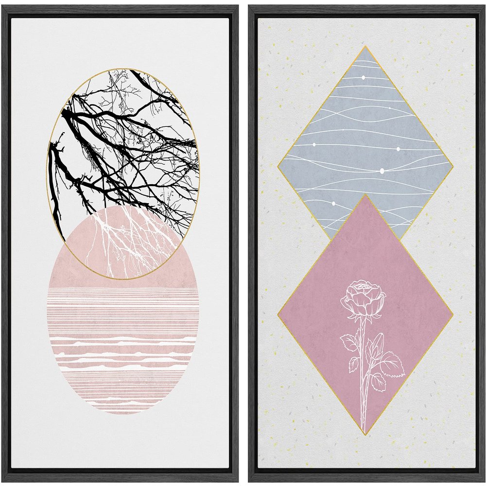 IDEA4WALL Framed Wall Art Print Set Floral Line Art & Silhouettes in Pink & Blue Pastel Polygons Nature Wilderness Mixed Minimalism Bohemian for Living Room, Bedroom, Office - 16"x24"x2 Black