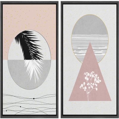 IDEA4WALL Framed Canvas Print Wall Art Floral Line Art & Silhouettes in Pink & Gray Pastel Polygons Nature Wilderness Mixed Minimalism Bohemian for Living Room, Bedroom, Office - 16"x24"x2 Black