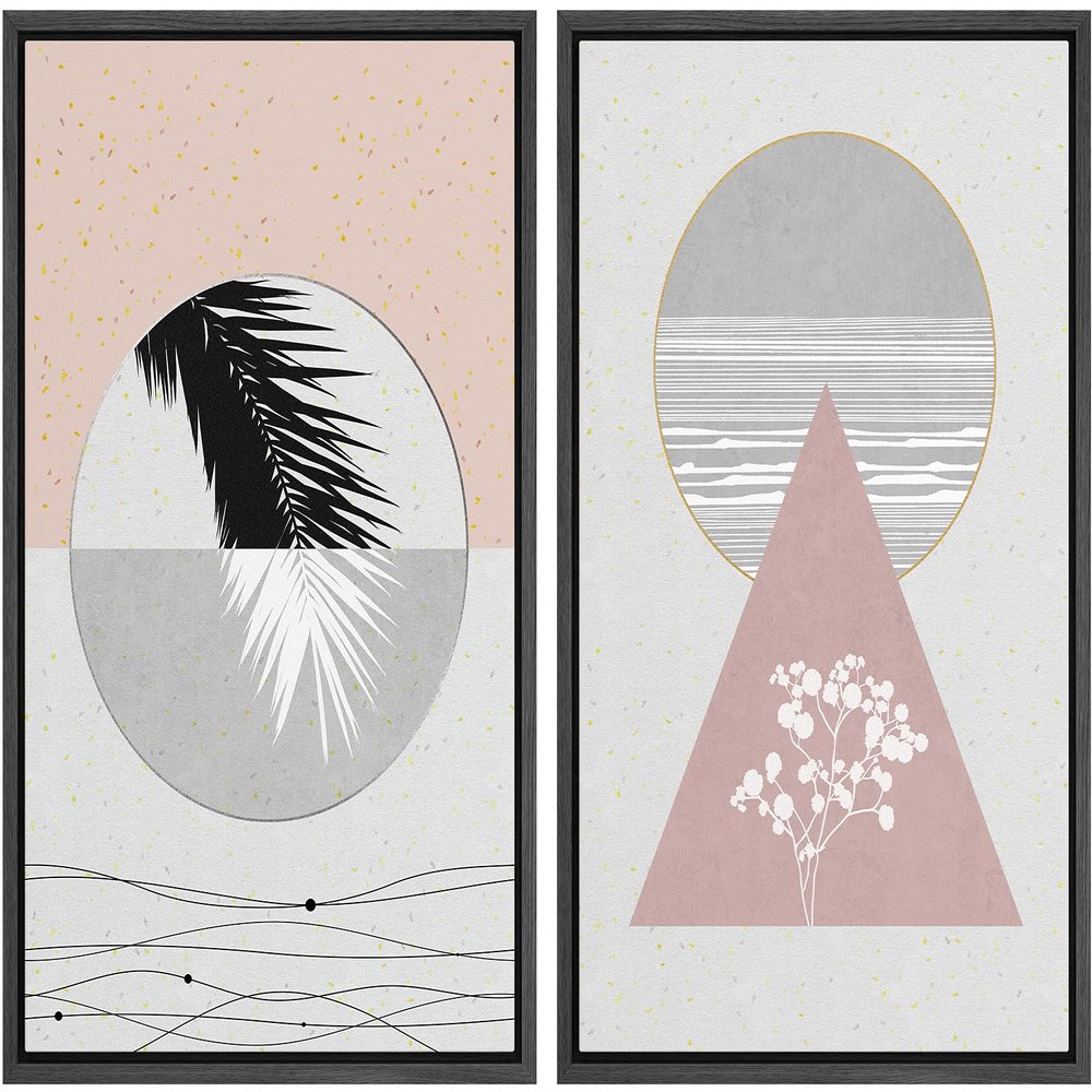 IDEA4WALL Framed Canvas Print Wall Art Floral Line Art & Silhouettes in Pink & Gray Pastel Polygons Nature Wilderness Mixed Minimalism Bohemian for Living Room, Bedroom, Office - 16"x24"x2 Black