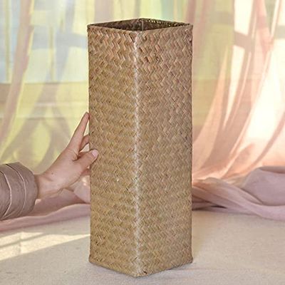 Bamboo Woven Hand Knitting Dried Flower Vase Straw Woven Flower Pot Decor Living Room Flower Arrangement Flower Basket Bottle (A-L Size)
