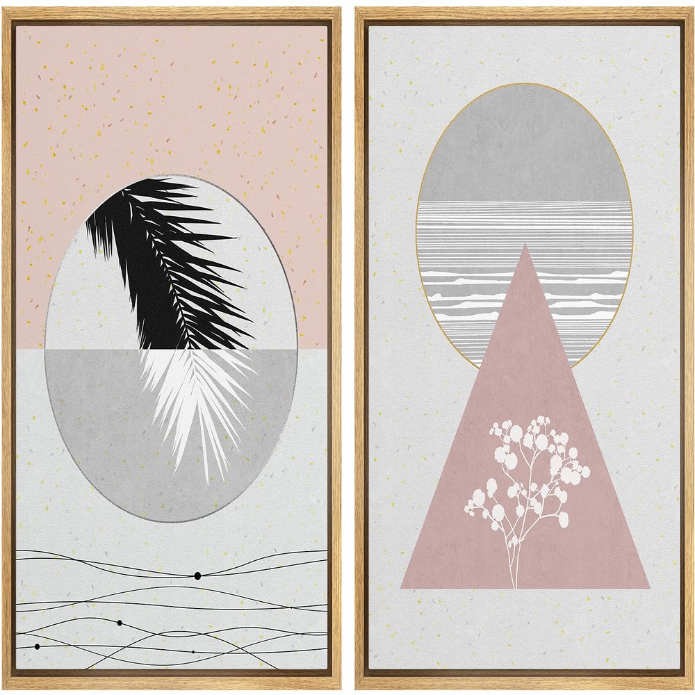 IDEA4WALL Framed Canvas Print Wall Art Floral Line Art & Silhouettes in Pink & Gray Pastel Polygons Nature Wilderness Mixed Minimalism Bohemian for Living Room, Bedroom, Office - 16"x24"x2 Natural