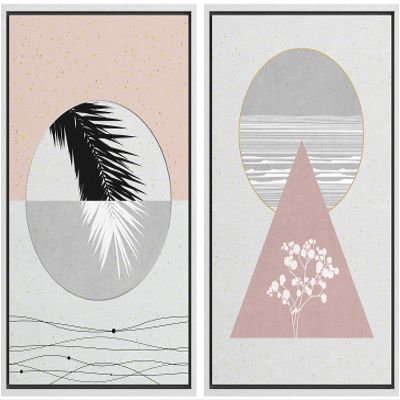 IDEA4WALL Framed Canvas Print Wall Art Floral Line Art & Silhouettes in Pink & Gray Pastel Polygons Nature Wilderness Mixed Minimalism Bohemian for Living Room, Bedroom, Office - 16"x24"x2 White