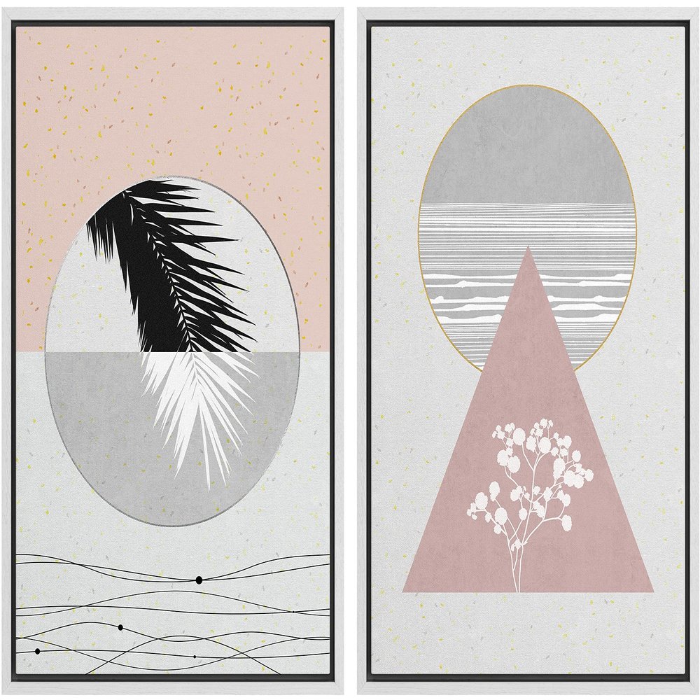 IDEA4WALL Framed Canvas Print Wall Art Floral Line Art & Silhouettes in Pink & Gray Pastel Polygons Nature Wilderness Mixed Minimalism Bohemian for Living Room, Bedroom, Office - 16"x24"x2 White