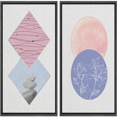 IDEA4WALL Framed Canvas Print Wall Art Floral Line Art & Stones in Pink & Purple Pastel Polygons Nature Wilderness Mixed Media Minimalism Bohemian for Living Room, Bedroom, Office - 16"x24"x2 Black