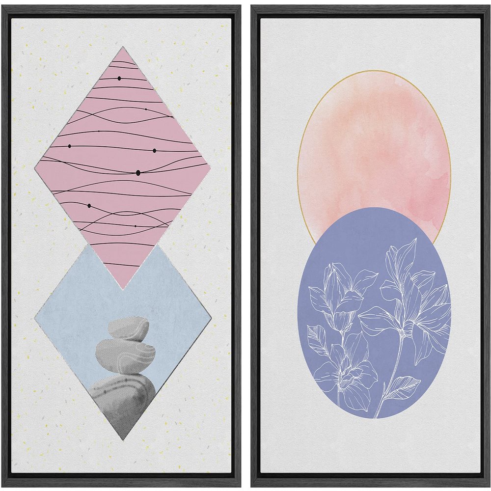 IDEA4WALL Framed Canvas Print Wall Art Floral Line Art & Stones in Pink & Purple Pastel Polygons Nature Wilderness Mixed Media Minimalism Bohemian for Living Room, Bedroom, Office - 16"x24"x2 Black