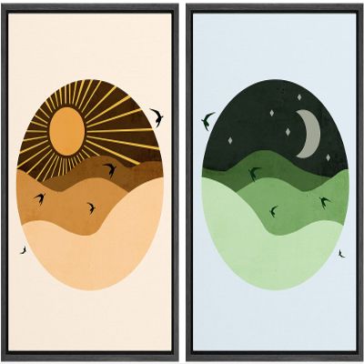 IDEA4WALL Framed Canvas Print Wall Art Shining Orange Sun & Green Crescent Moon with Birds Nature Geometric Illustrations Minimalism Mid-Century for Living Room, Bedroom, Office - 16"x24"x2 Black