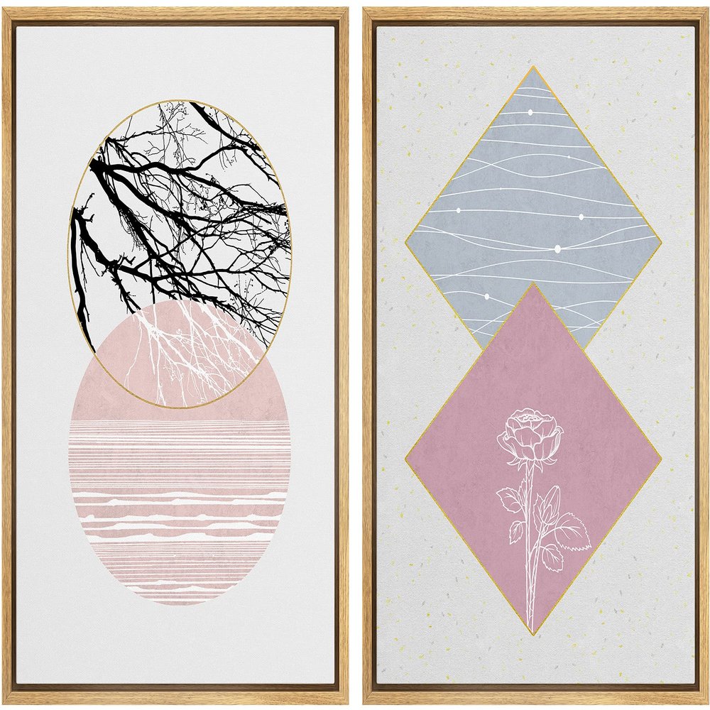 IDEA4WALL Framed Wall Art Print Set Floral Line Art & Silhouettes in Pink & Blue Pastel Polygons Nature Wilderness Mixed Minimalism Bohemian for Living Room, Bedroom, Office - 16"x24"x2 Natural