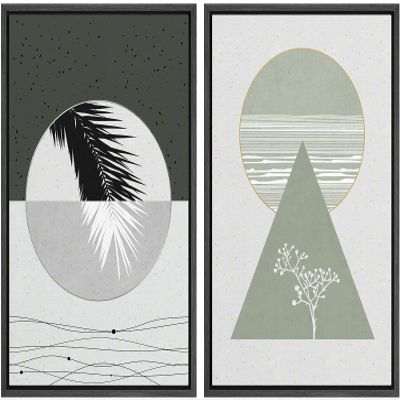 IDEA4WALL Framed Canvas Print Wall Art Floral Line Art & Silhouettes in Gray & Green Pastel Polygons Nature Wilderness Mixed Minimalism Bohemian for Living Room, Bedroom, Office - 16"x24"x2 Black