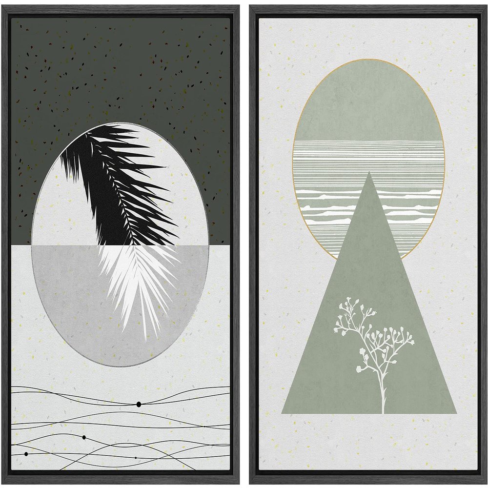 IDEA4WALL Framed Canvas Print Wall Art Floral Line Art & Silhouettes in Gray & Green Pastel Polygons Nature Wilderness Mixed Minimalism Bohemian for Living Room, Bedroom, Office - 16"x24"x2 Black