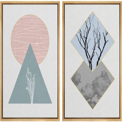 IDEA4WALL Framed Canvas Print Wall Art Floral Line Art & Silhouettes in Blue & Green Pastel Polygons Nature Wilderness Mixed Minimalism Bohemian for Living Room, Bedroom, Office - 16"x24"x2 Natural
