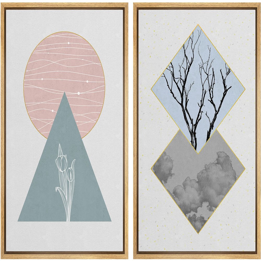 IDEA4WALL Framed Canvas Print Wall Art Floral Line Art & Silhouettes in Blue & Green Pastel Polygons Nature Wilderness Mixed Minimalism Bohemian for Living Room, Bedroom, Office - 16"x24"x2 Natural