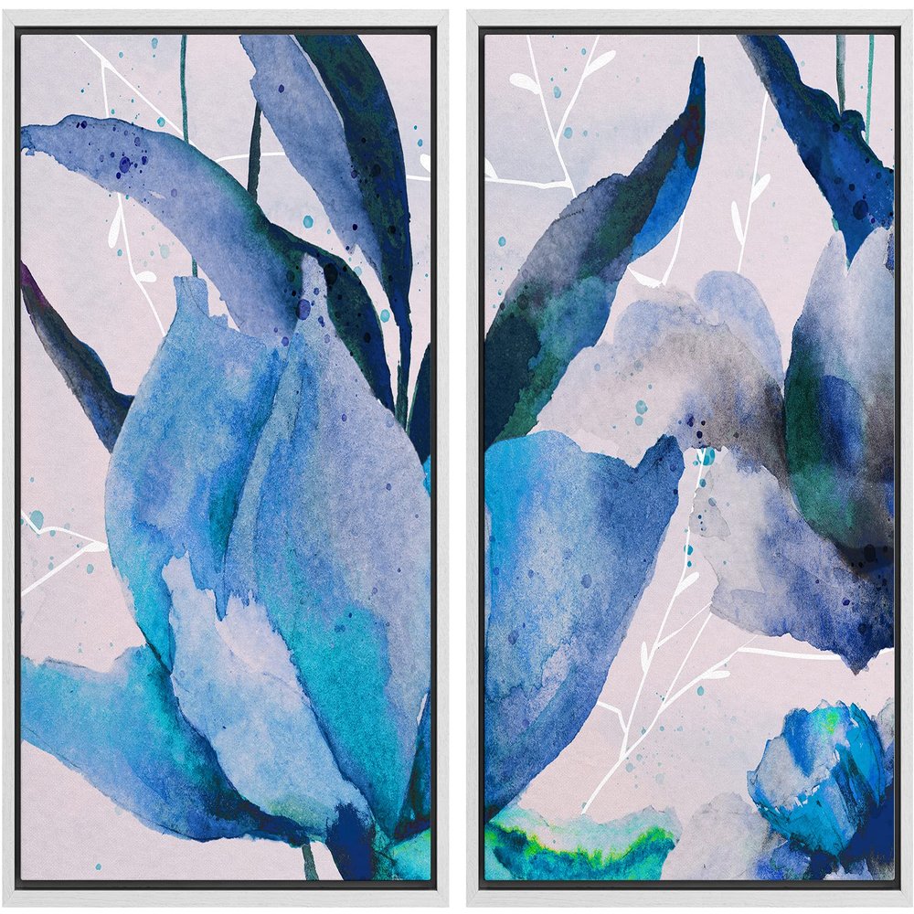 IDEA4WALL Framed Wall Art Print Set Watercolor Dots Effect Blue & Purple Poppies Floral Nature Illustrations Modern Art Glam Colorful Pastel for Living Room, Bedroom, Office - 16"x24"x2 White