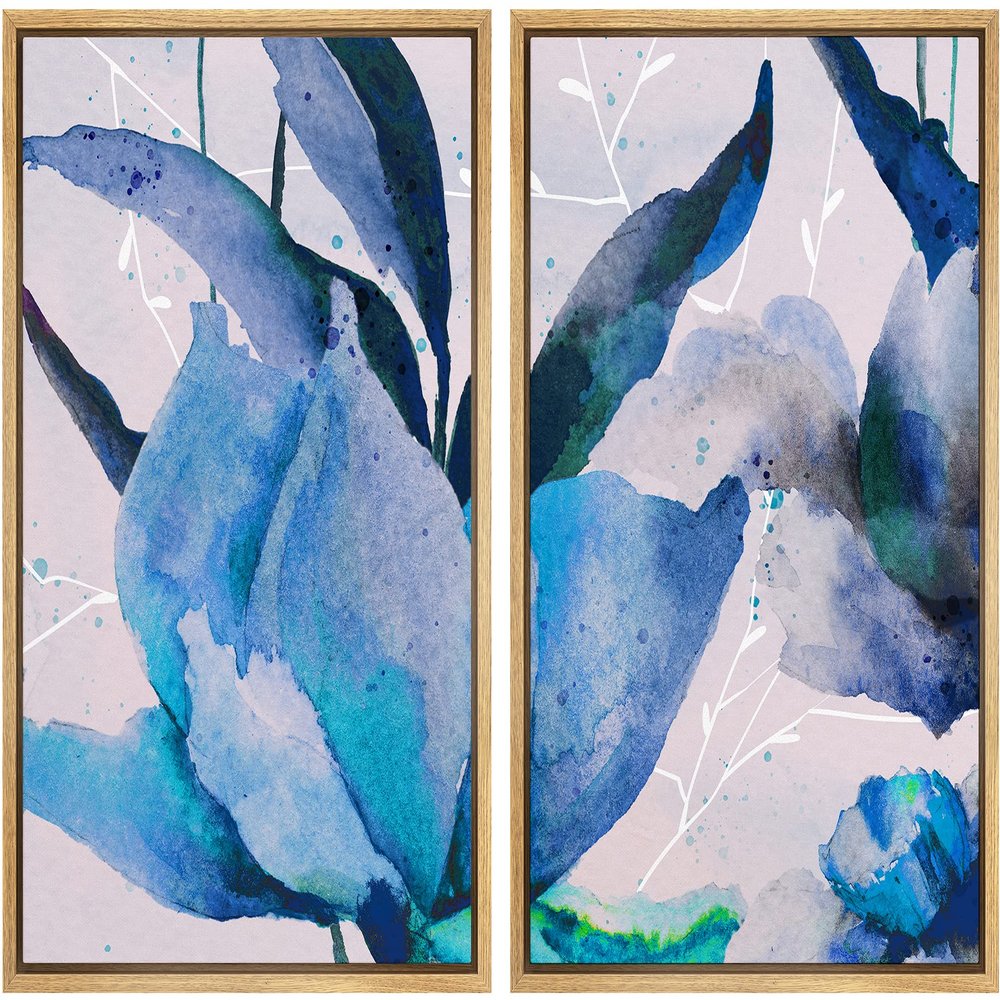 IDEA4WALL Framed Wall Art Print Set Watercolor Dots Effect Blue & Purple Poppies Floral Nature Illustrations Modern Art Glam Colorful Pastel for Living Room, Bedroom, Office - 16"x24"x2 Natural