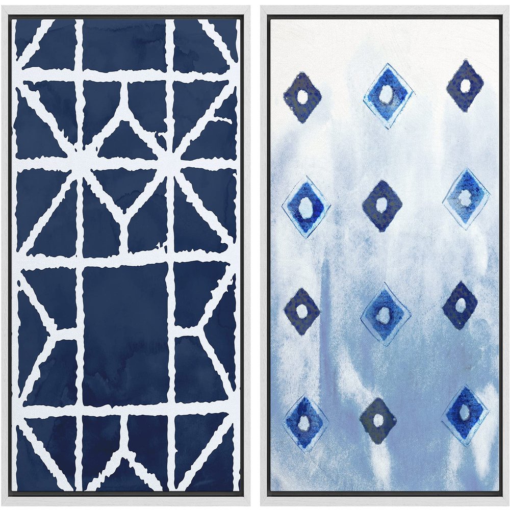 IDEA4WALL Framed Canvas Print Wall Art Dark Blue Watercolor Effect Diamond Polygon Display Abstract Geometric Illustrations Minimalism Mid-Century for Living Room, Bedroom, Office - 16"x24"x2 White
