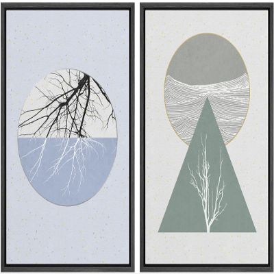 IDEA4WALL Framed Canvas Print Wall Art Floral Line Art & Silhouettes in Green & Blue Pastel Polygons Nature Wilderness Mixed Minimalism Bohemian for Living Room, Bedroom, Office - 16"x24"x2 Black