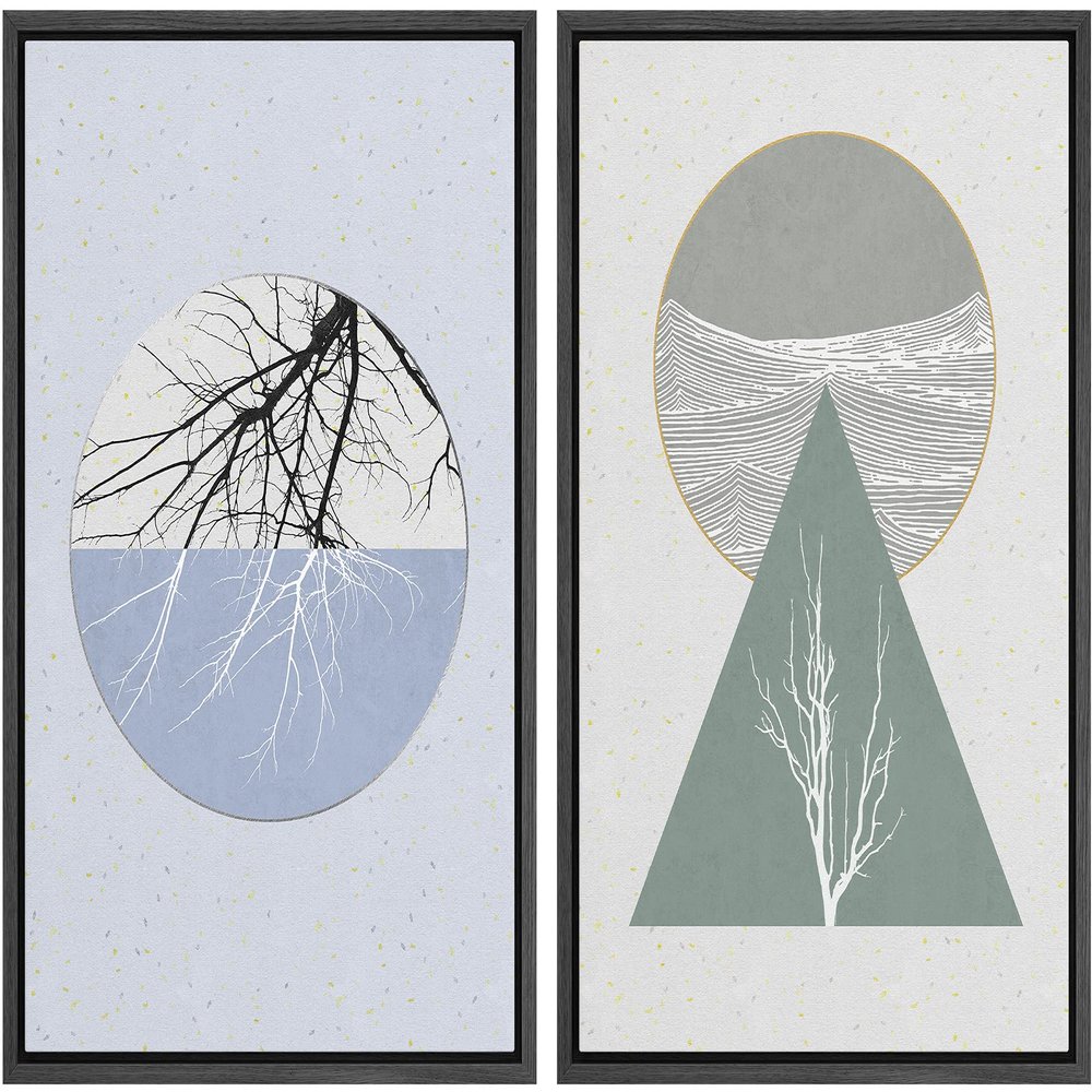 IDEA4WALL Framed Canvas Print Wall Art Floral Line Art & Silhouettes in Green & Blue Pastel Polygons Nature Wilderness Mixed Minimalism Bohemian for Living Room, Bedroom, Office - 16"x24"x2 Black
