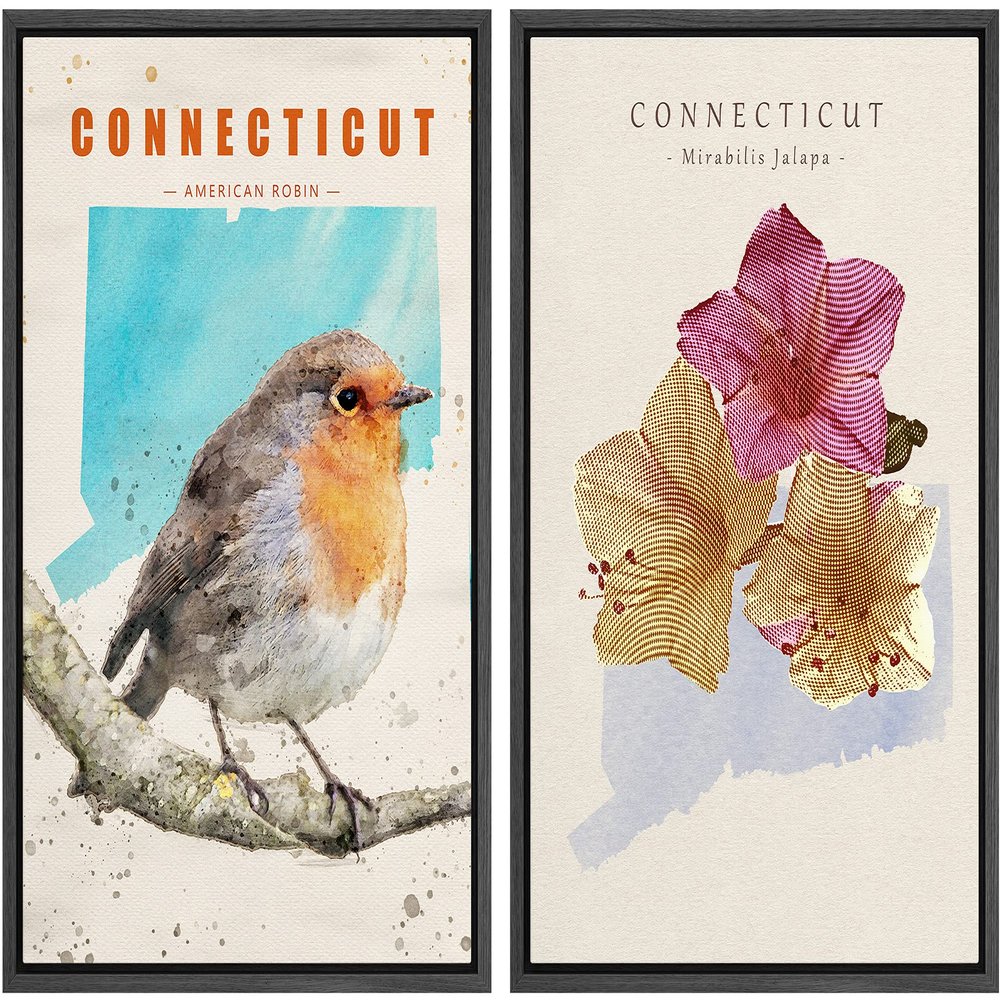 IDEA4WALL Framed Canvas Print Wall Art Connecticut American Robin & Jalapa Duo Birds Flower Watercolor Realism Rustic Colorful Multicolor Warm for Living Room, Bedroom, Office - 16"x24"x2 Black