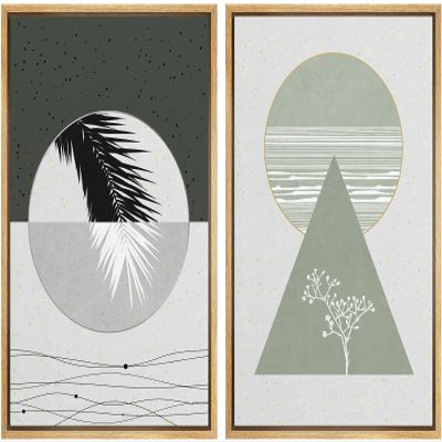 IDEA4WALL Framed Canvas Print Wall Art Floral Line Art & Silhouettes in Gray & Green Pastel Polygons Nature Wilderness Mixed Minimalism Bohemian for Living Room, Bedroom, Office - 16"x24"x2 Natural