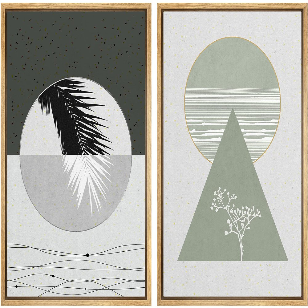 IDEA4WALL Framed Canvas Print Wall Art Floral Line Art & Silhouettes in Gray & Green Pastel Polygons Nature Wilderness Mixed Minimalism Bohemian for Living Room, Bedroom, Office - 16"x24"x2 Natural