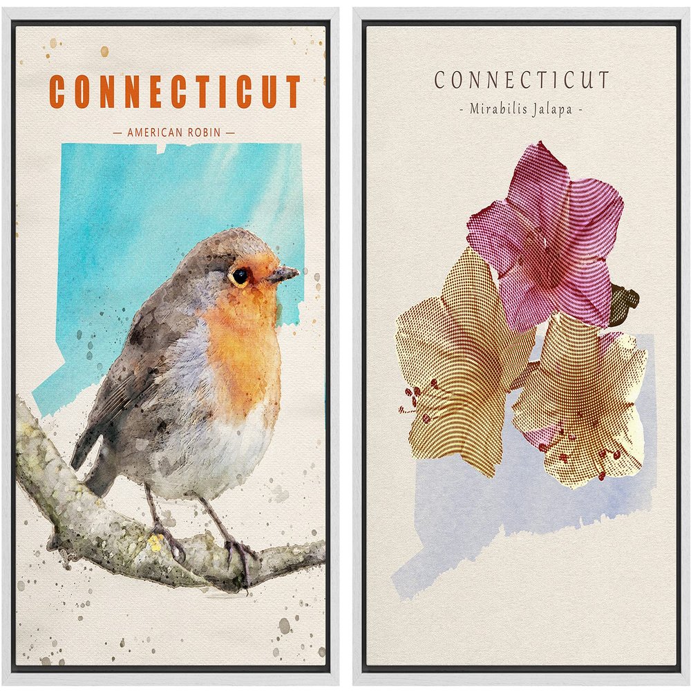IDEA4WALL Framed Canvas Print Wall Art Connecticut American Robin & Jalapa Duo Birds Flower Watercolor Realism Rustic Colorful Multicolor Warm for Living Room, Bedroom, Office - 16"x24"x2 White