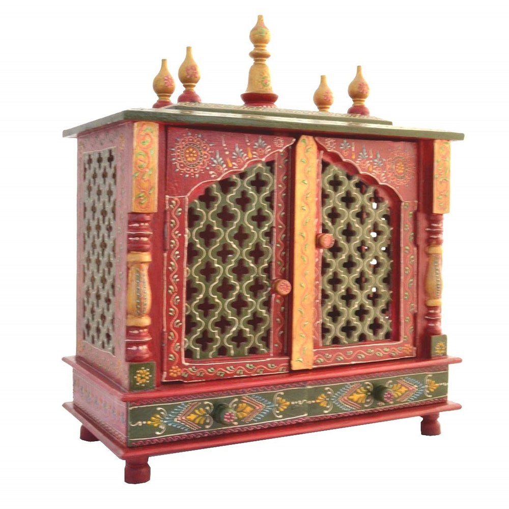 Wooden Temple Religious Home Temple, Pooja Mandir |Indian| |Hindu| |Decoration| |Puja| |Cabinet| |Temple| |Bhagwan| Wall| |Hanging| Decor For Home Office Decor By KAMDHENU ART AND CRAFT. (Red Jali)