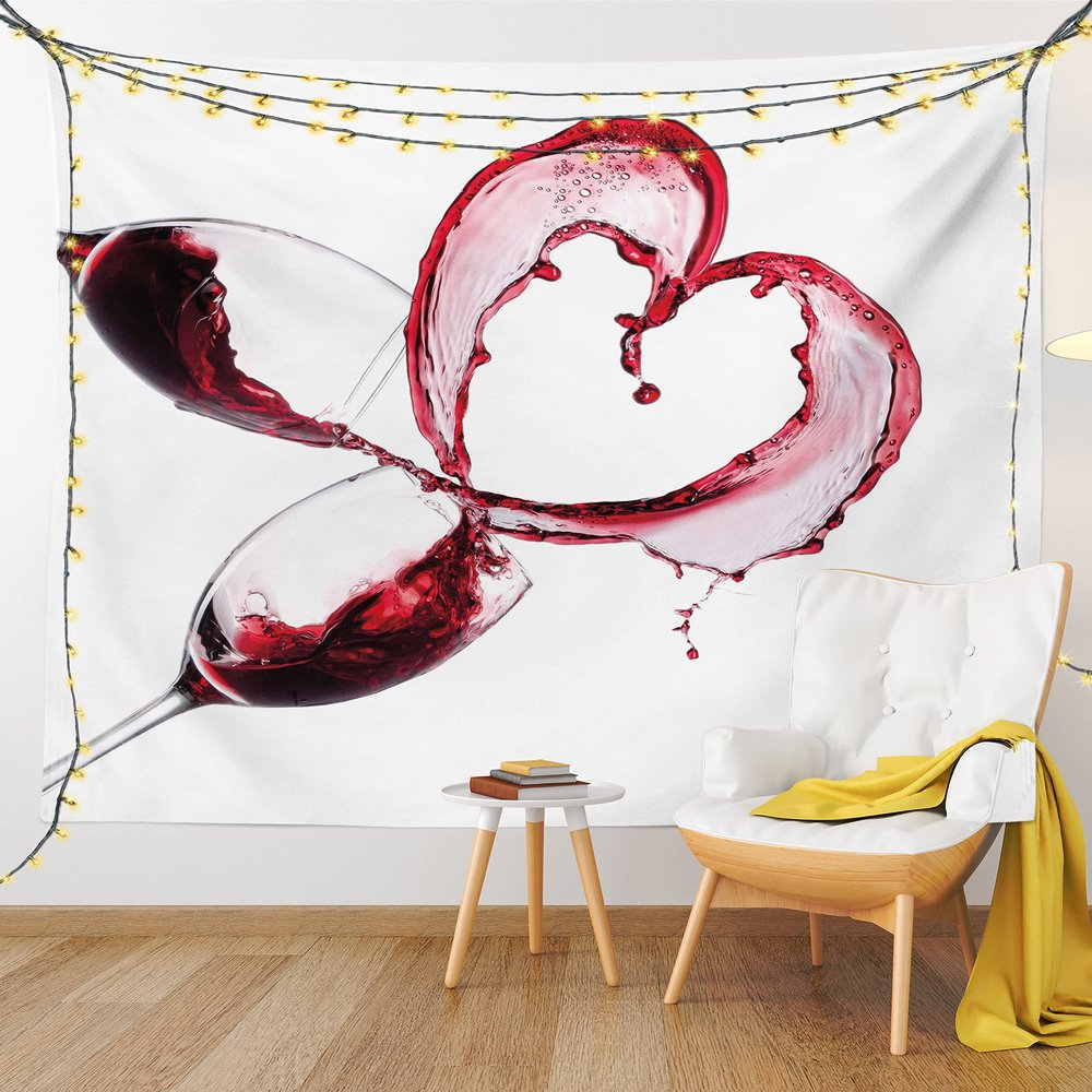 Ambesonne Wine Tapestry, Heart Shape Spilling Red Drink in Glasses Romantic Valentines Day Concept, Fabric Wall Hanging Decor for Bedroom Living Room Dorm, 28" X 23", Burgundy White Pink