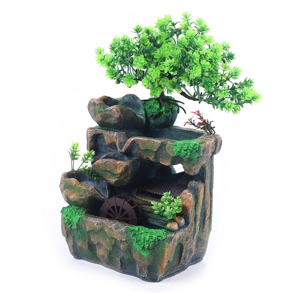 110V Desktop Rockery Water Fountain Mini Rockery Waterfall Fountain with Color-Changing LED Lights, Resin Crafts Desktop Bonsai Ornaments Tabletop Water Feature for Home, Office