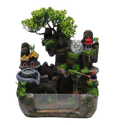 Gdrasuya10 110V Desktop Fountain Fish Tank Mini Waterfall with Fisherman, LED Lighting Fountain Simulation Resin Rockery Water Fountain Bonsai Ornaments for Home, Office, Bedroom, Desk