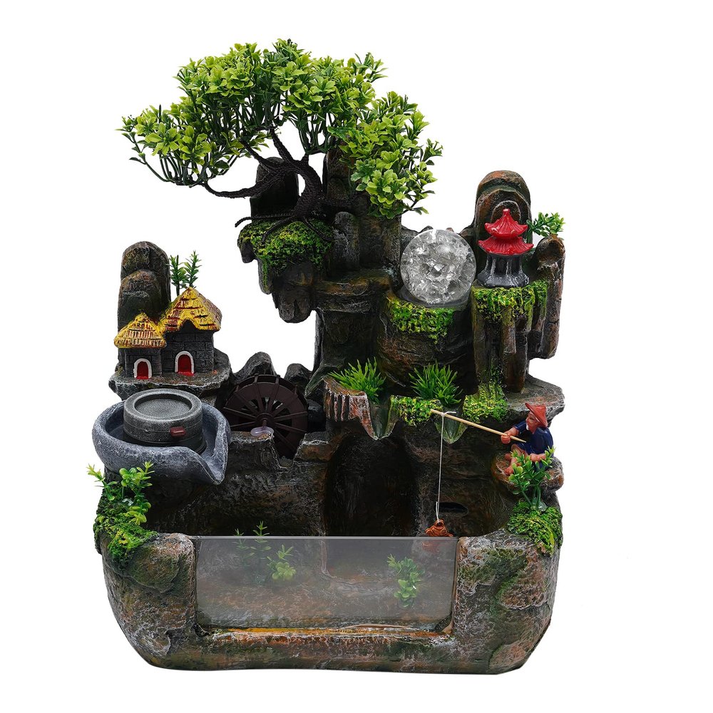 Gdrasuya10 110V Desktop Fountain Fish Tank Mini Waterfall with Fisherman, LED Lighting Fountain Simulation Resin Rockery Water Fountain Bonsai Ornaments for Home, Office, Bedroom, Desk