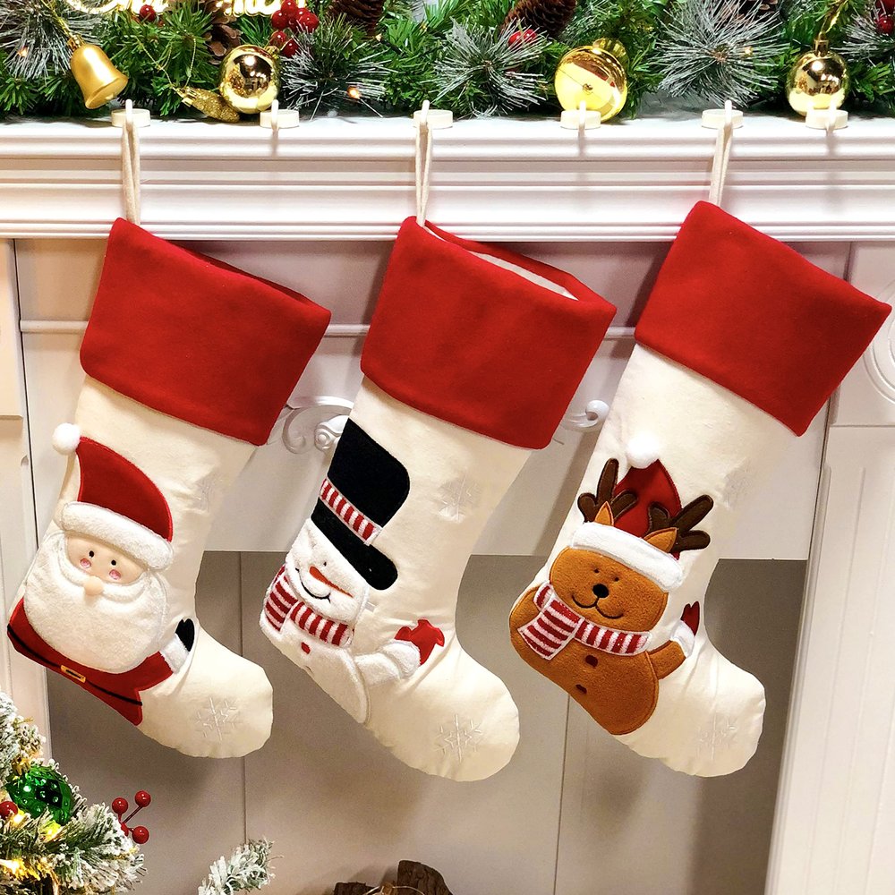 Cuteoy 3Pcs Red Christmas Stockings Santa Snowman Reindeer Socks Xmas Tree Ornaments Party Decor 20''