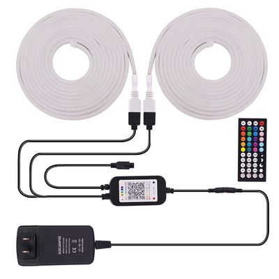 XUNATA RGB Neon LED Rope Light with Bluetooth, DC 12V SMD 3535 96LEDs/M Bendable Neon Tape,2 Rolls 16.4ft/5M Flexible Strip Kit Music Sync Color Changing with Black Remote/Power Supply for Party Decor