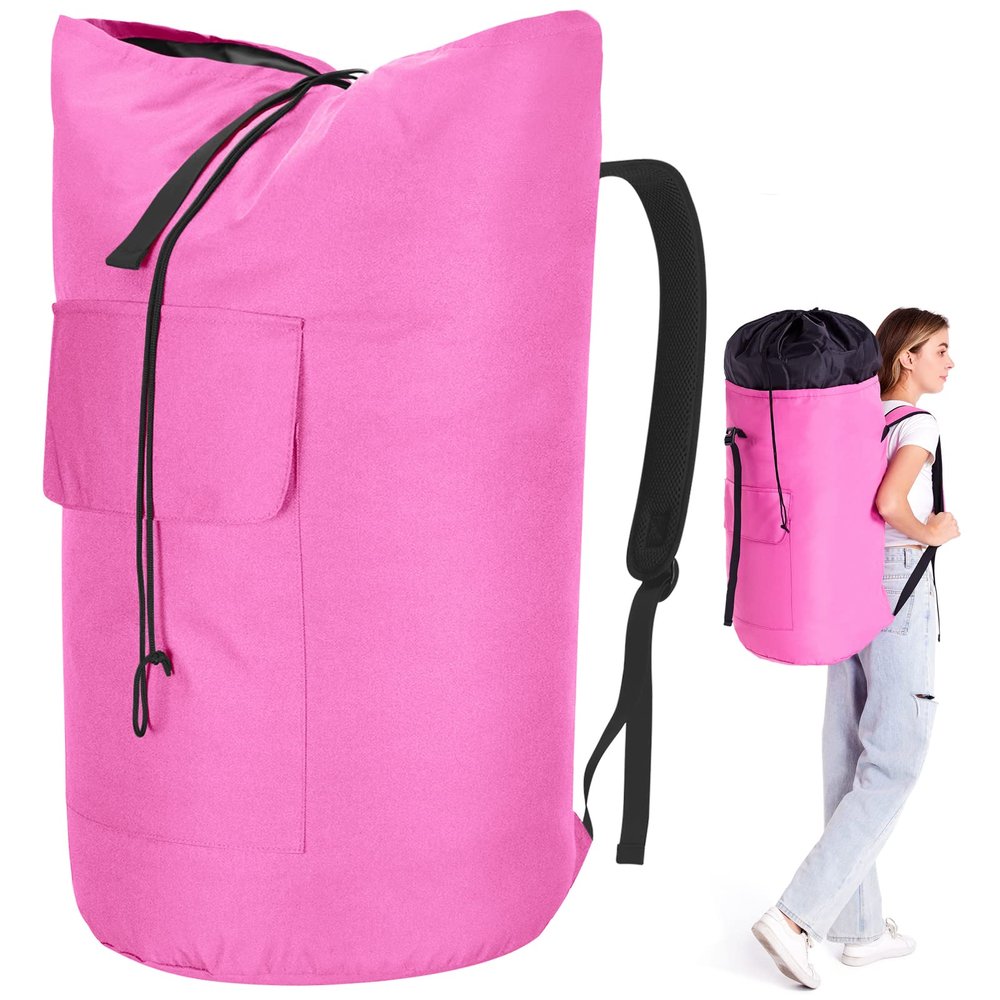 Backpack Laundry Bag, 115L Heavy Duty Extra Large College Laundry Backpack, Dirty Clothes Bag with Shoulder Straps, Laundry Hamper Bag with Drawstring Closure for College Dorm, Apartment Pink