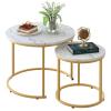aboxoo Coffee Table Nesting White Set of 2 Side Set Golden Frame Circular Round and Marble Pattern Wooden Tables, Living Room Bedroom Apartment Modern Industrial Simple Nightstand view 1