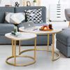 aboxoo Coffee Table Nesting White Set of 2 Side Set Golden Frame Circular Round and Marble Pattern Wooden Tables, Living Room Bedroom Apartment Modern Industrial Simple Nightstand view 2