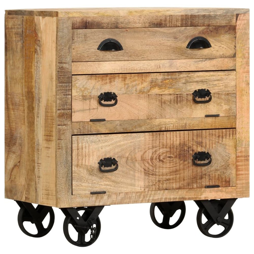 vidaXL Handmade Side Cabinet with Wheels - 27.6"x15.7"x29.5" Solid Mango Wood Chest of Drawers, Industrial-Style Sideboard, Vintage Charm, Unique Storage Solution, Brown