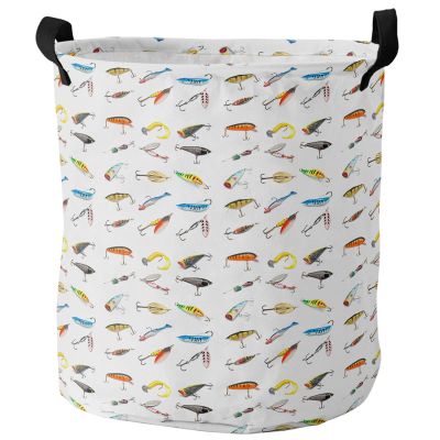 17-inch Laundry Hamper Foldable Laundry Basket, Seaside Fishing Waterproof Clothes Hamper for Bathroom Bedroom Living Room, Various Fish Hook Patterns Toy Baskets for Dollhouse