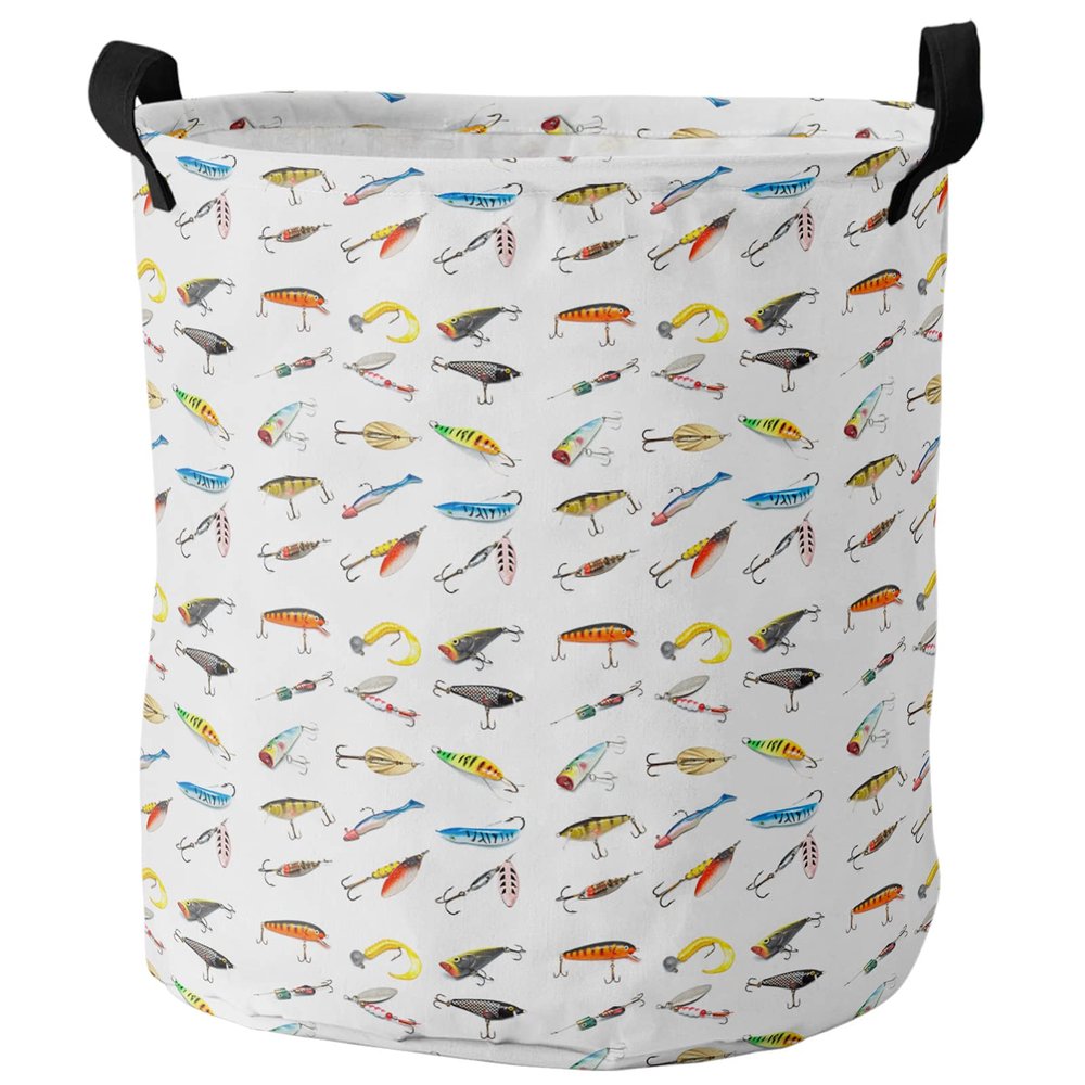 17-inch Laundry Hamper Foldable Laundry Basket, Seaside Fishing Waterproof Clothes Hamper for Bathroom Bedroom Living Room, Various Fish Hook Patterns Toy Baskets for Dollhouse