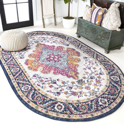 JONATHAN Y Boho Vintage Blue/Multi 5x8 Oval Area Rug, Bohemian Flair Medallion, Floral Easy-Cleaning High Traffic for Living Room, Bedroom, Kitchen, Pet-Friendly, Non Shedding (BMF106A-5OV)